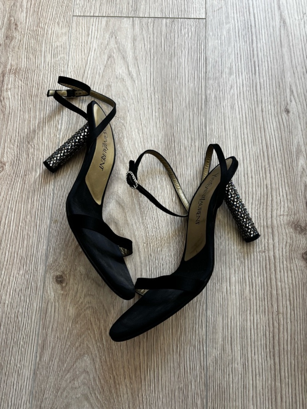 Saint Laurent Black Satin Crystal-Embellished Block Heel Sandals